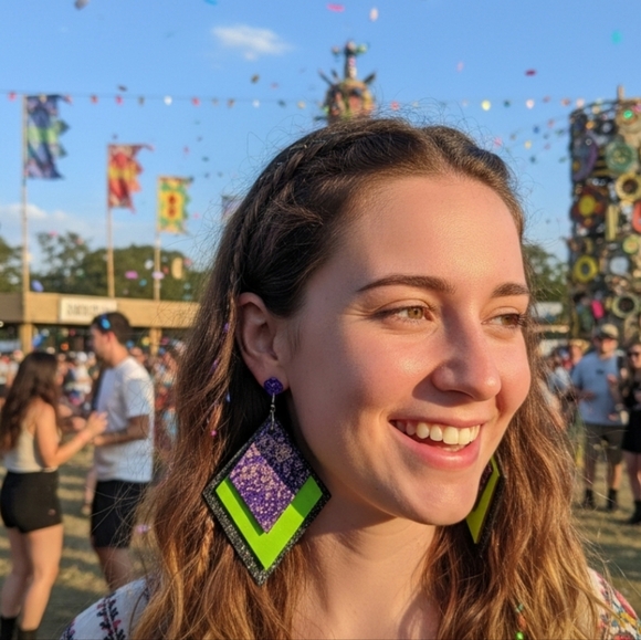 Hand Crafted Jewelry - ARTISAN & HANDCRAFTED 3" Wood Witchy Diamond Layer Dangle Pierced Earrings